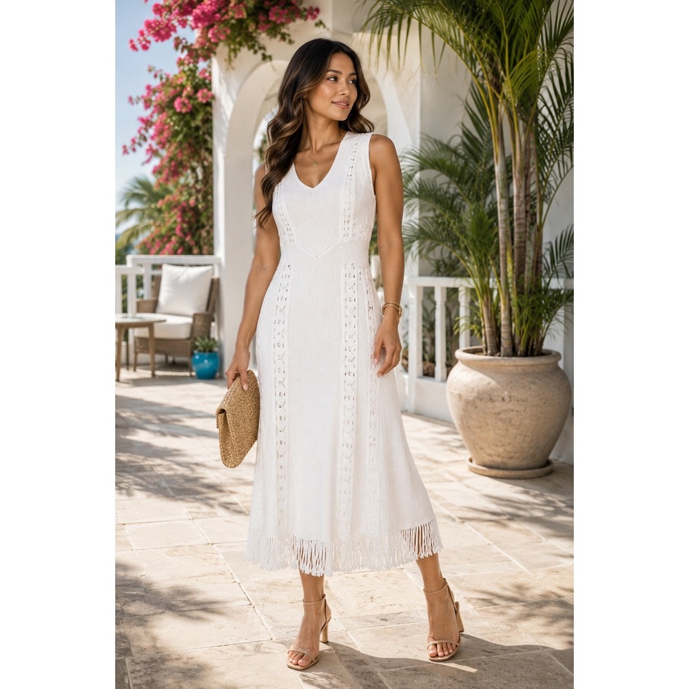 Kobi Halperin 0 White Pointelle Knit Fringe Midi Dress Embroidered Cottagecore